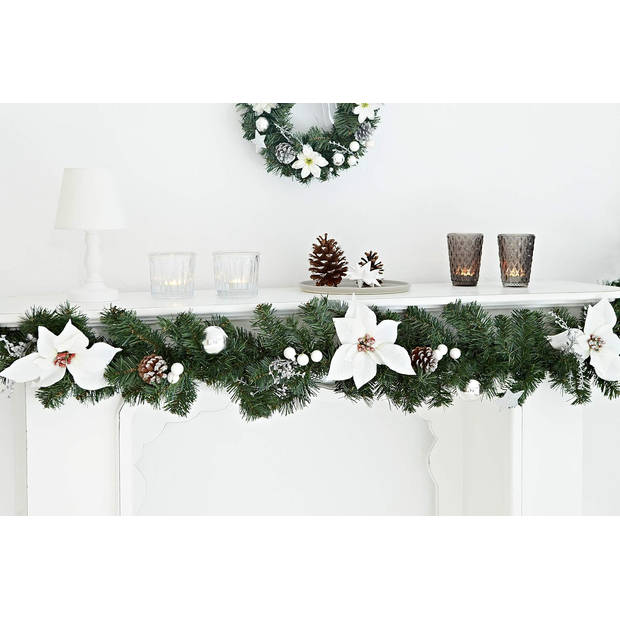 Luxe Kerst Guirlande - Compleet met decoratie en versiering - Wit, Zilver & Groen - 270 cm