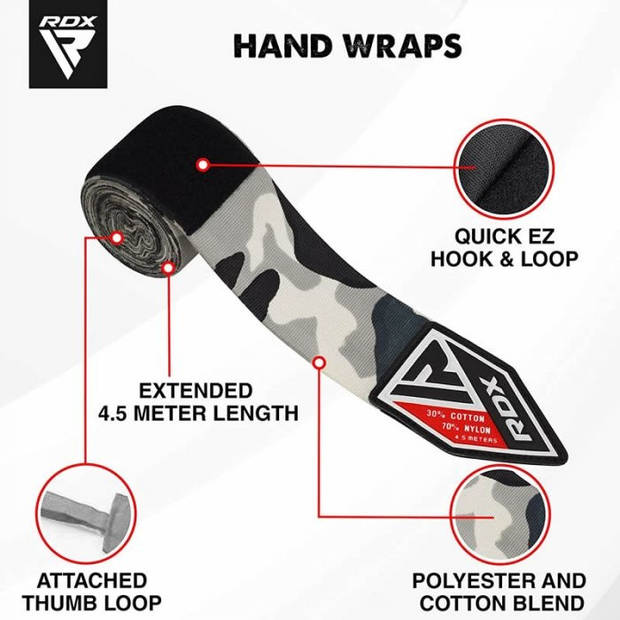 RDX Sports Hand Wraps Camo grey - 4.5m - bescherming