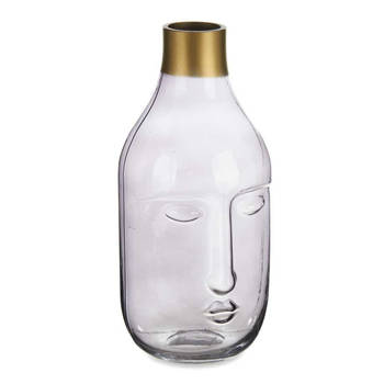 Giftdecor Bloemenvaas Crystal Face - luxe deco glas - grijs transparant - D11 x H24 cm - gouden top - Vazen
