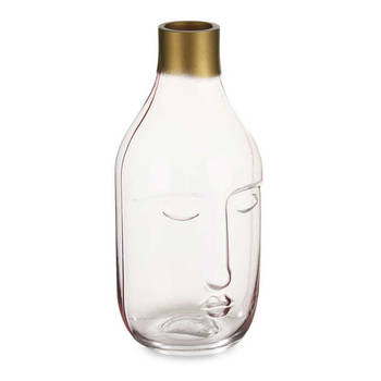 Giftdecor Bloemenvaas Crystal Face - luxe deco glas - roze transparant - D11 x H24 cm - gouden top - Vazen