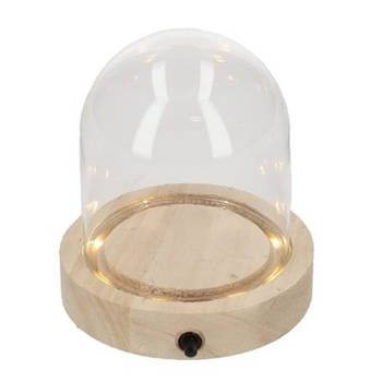 HBX Natural Living Decoratie stolp met LED verlichting - klein - houten plateau - D10 x H12 cm - Decoratieve stolpen