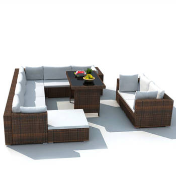 vidaXL 10-delige Loungeset met kussens poly rattan bruin