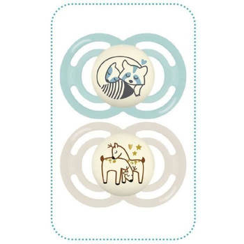 Set van 2 fopspenen met sterilisatiedoosje - MAM - Perfect Nuit - +6 maanden - Silicone - Watergroen en beige