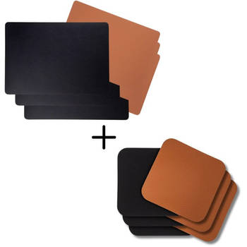 Jay Hill 6 Placemats + 6 Onderzetters Rechthoek - Vegan leer - Zwart / Cognac