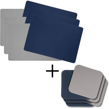 Jay Hill 6 Placemats + 6 Onderzetters Rechthoek - Vegan leer - Blauw / Grijs