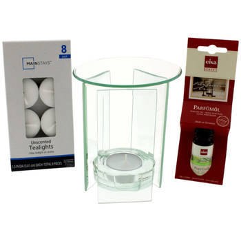 Aroma Brander Glas Olie -/ Waxmelts - incl. Lemongrass Geurolie 10ml & 8 Waxinelichtjes