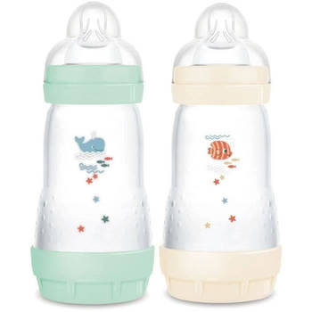 Set van 2 Babyflessen - MAM - Easy Start - Klassiek Anti-Koliek - 260 ml - Doorstroomsnelheid 2 spenen - Mint + Katoen