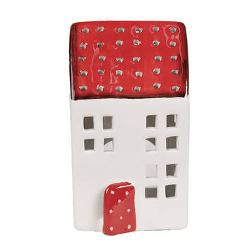 Clayre & Eef Theelichthouder Huis 8x8x15 cm Wit Rood Kunststof Waxinelichthouder Wit Waxinelichthouder