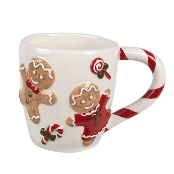 Clayre & Eef Mok 325 ml Wit Rood Keramiek Gingerbread man Drinkbeker Wit Drinkbeker