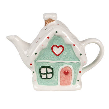 Clayre & Eef Theepot Gingerbread house 600 ml Wit Groen Keramiek Theekan Wit Theekan