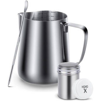 HGMD Melkkan 350ml - Melkkannetje opschuim - Melkopschuimkan - Milk Pitcher - Incl. Art Pen & Strooipotje - RVS