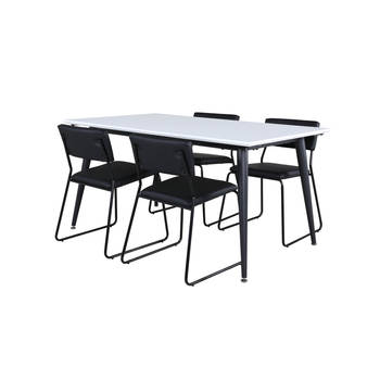 Jimmy150 eethoek eetkamertafel uitschuifbare tafel lengte cm 150 / 240 wit en 4 Kenth eetkamerstal PU kunstleer zwart.