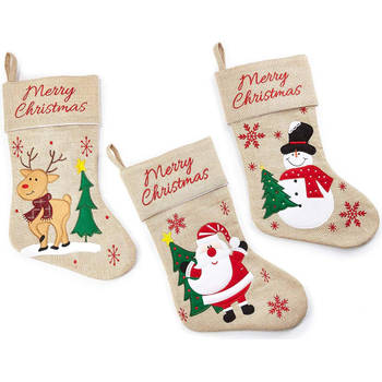 Set van 3 Kerstsokken - Sneeuwman,Sneeuwpop en Rendier - Jute - 41 x 25 x 1 cm