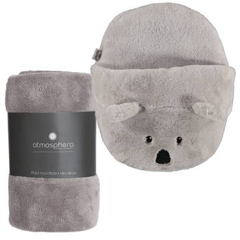 Fleece deken lichtgrijs 125 x 150 cm met voetenwarmer slof koala one size - Voetenwarmers