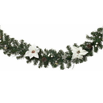 Luxe Kerst Guirlande - Compleet met decoratie en versiering - Wit, Zilver & Groen - 270 cm