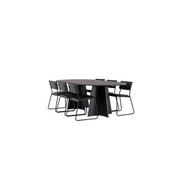 Bootcut eethoek tafel zwart en 6 Kenth stoelen zwart.