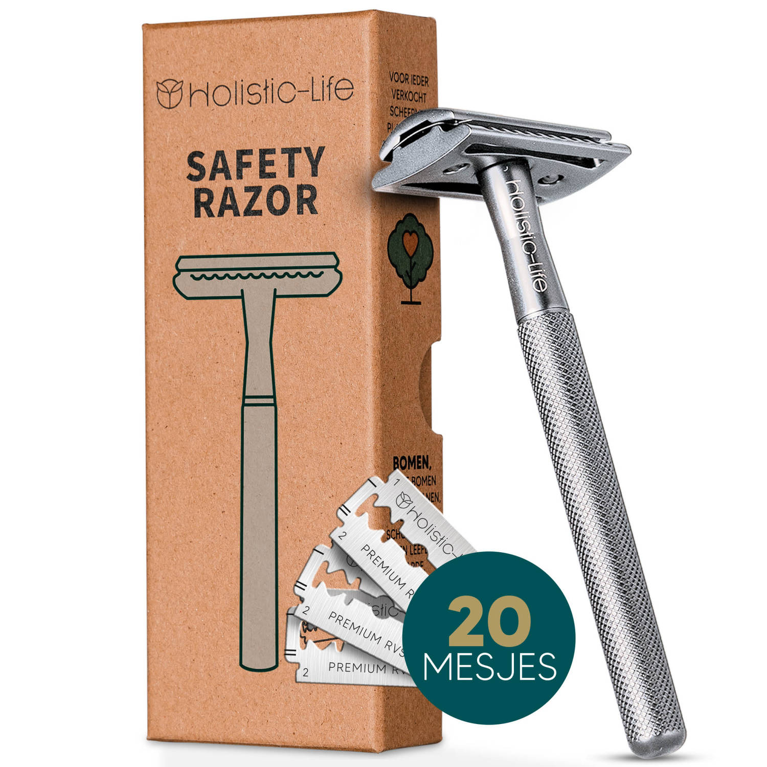 Safety Razor + 20 RVS Scheermesjes - Vrouw & Mannen - Scheren - Zero Waste Scheermes Blades - Duurzaam Cadeau