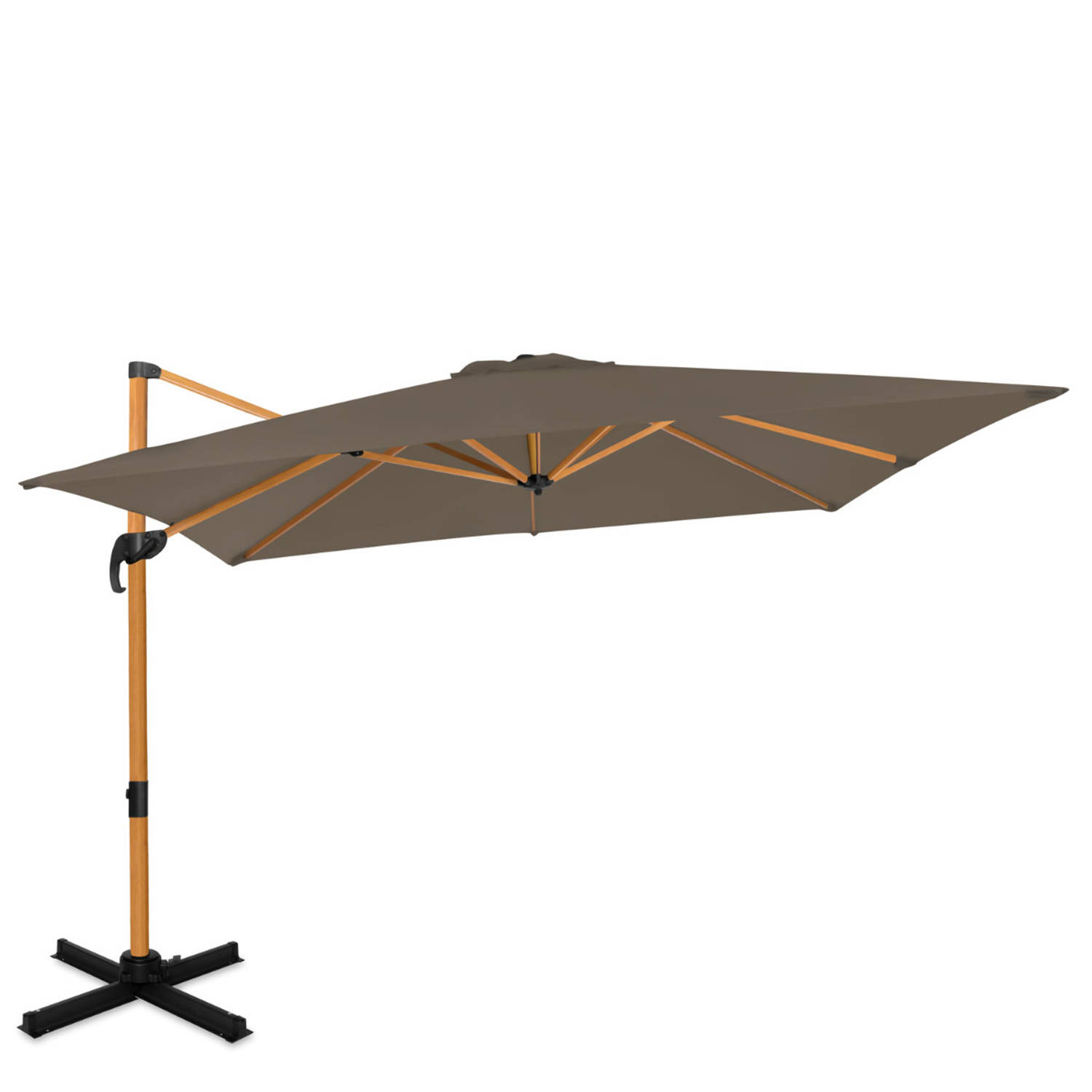 VONROC Premium Zweefparasol Pisogne 300x300cm - Duurzame parasol – 360 ° Draaibaar - Kantelbaar – UV werend doek – Houtlook - Taupe – Incl. beschermhoes