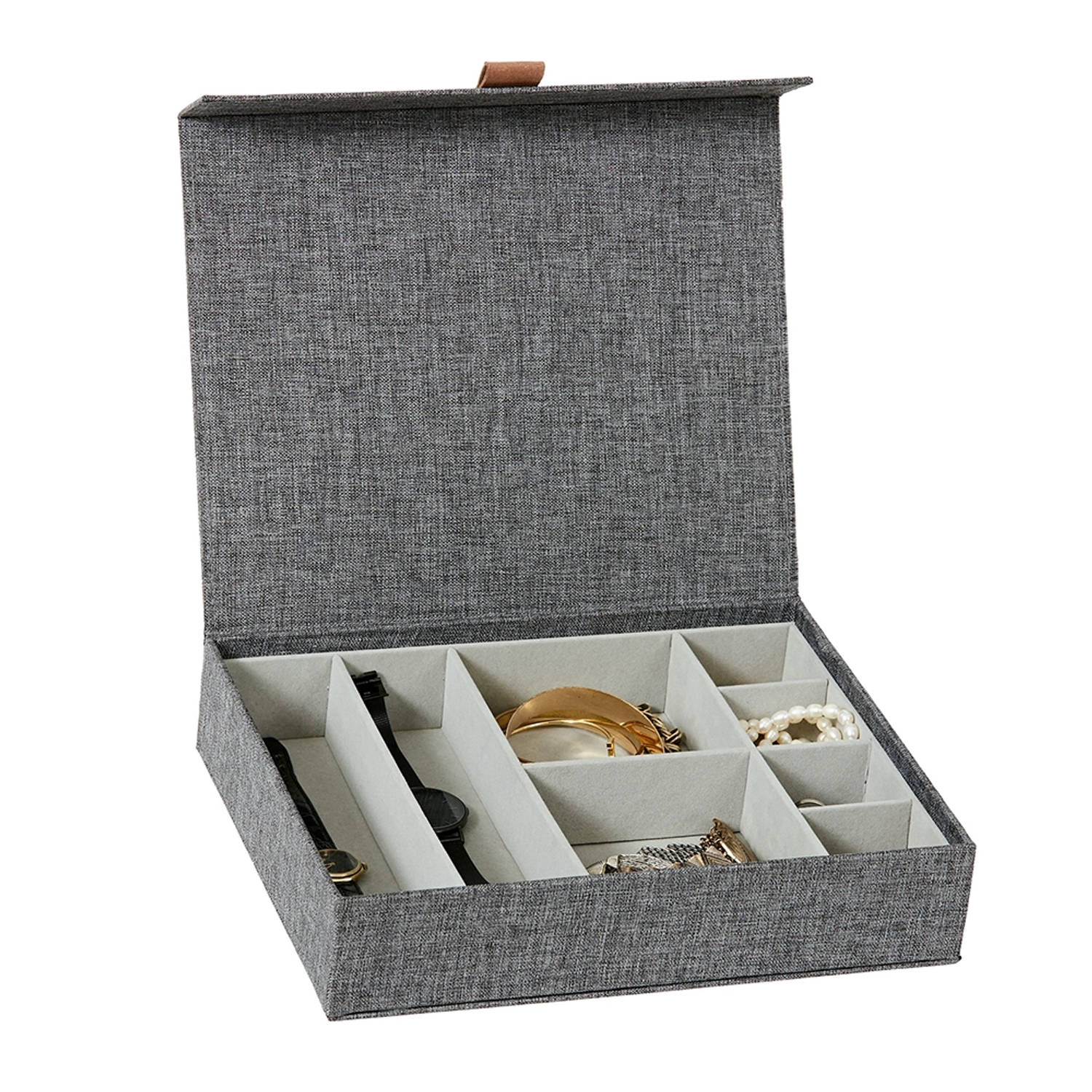 Love it Store it Premium opbergdoos voor sieraden - juwelenkistje van hoogwaardige stof, binnenkant fluweel - met 8 vakken - grijs