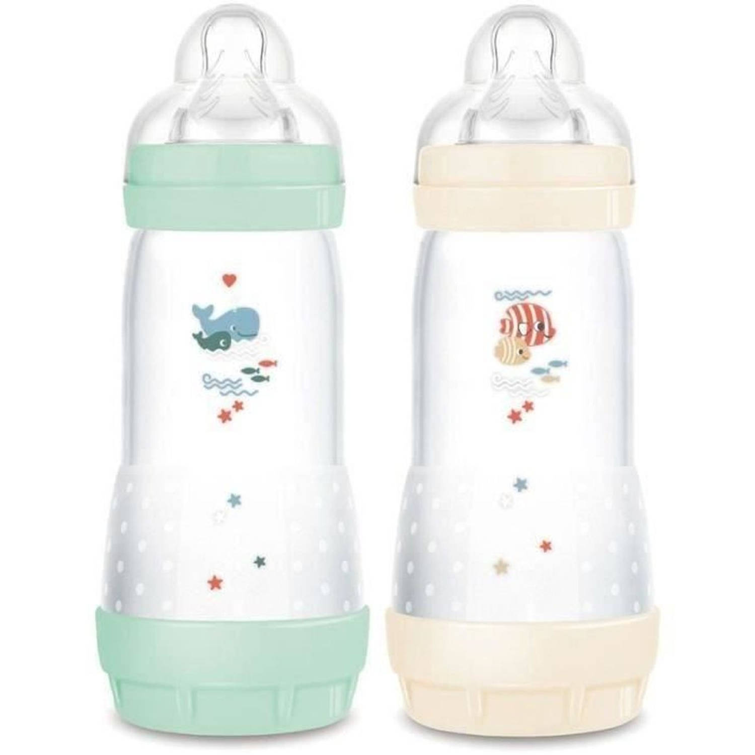 Set van 2 Babyflessen - MAM - Easy Start - Klassiek Anti-Colic - 320 ml - Doorstroomsnelheid 3 speen - Mint + Katoen