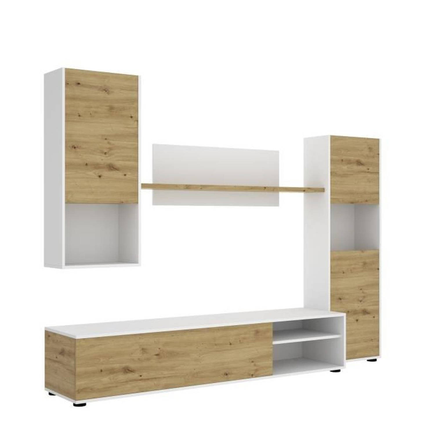 LUKA TV-wandmontage - Wit melamine en ambachtelijk eikenhout - 4 deuren - L220 x D41 x H180 cm