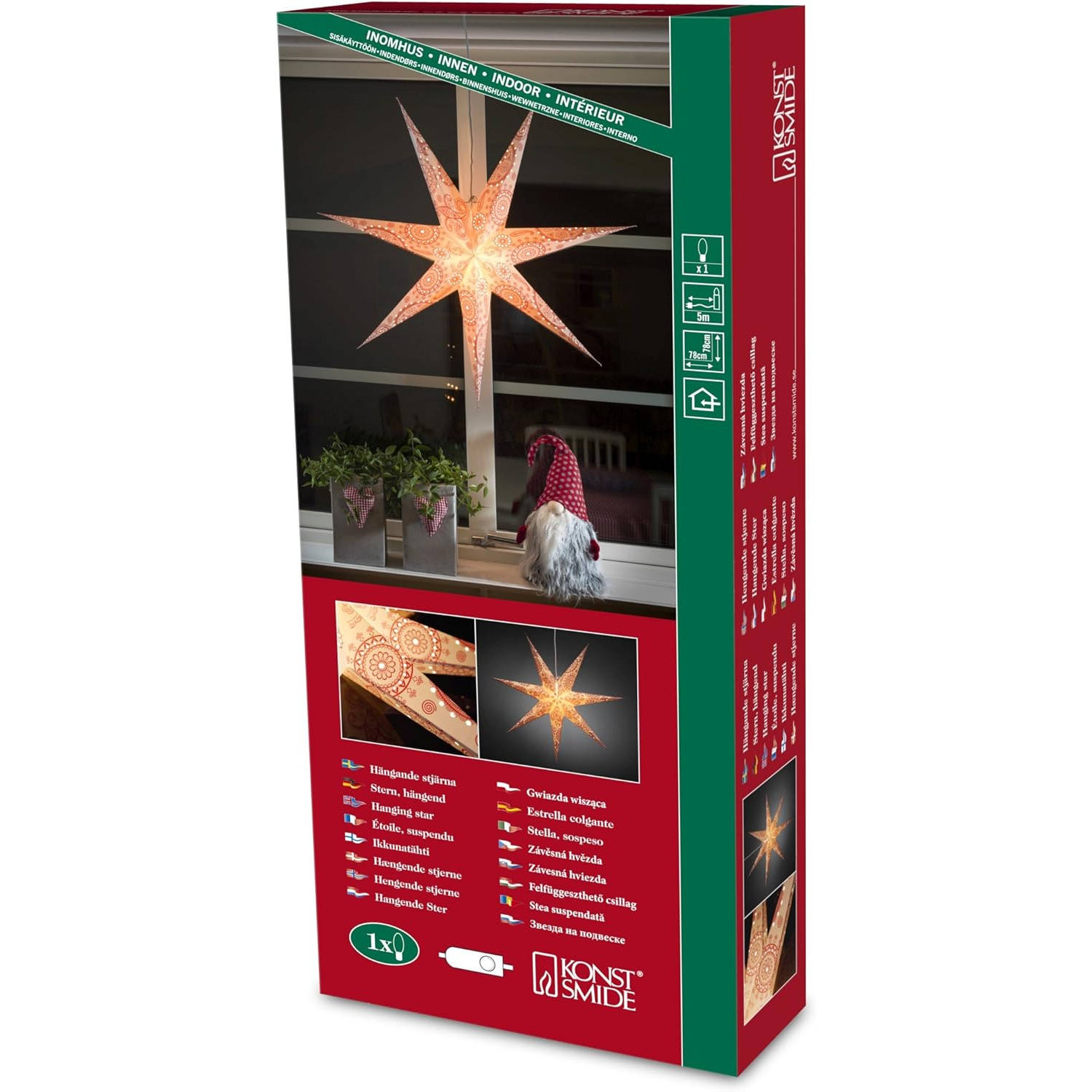 zevenpuntige XL kerstster papier Incl. 3 m. snoer met stekker, schakelaar en E14-fitting wit / rood - 78x78x16 cm