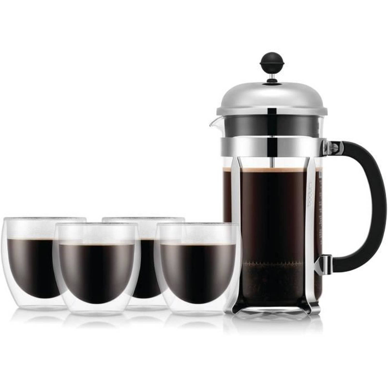 French press koffiezetapparaat - BODUM - CHAMBORD SET - 8 kopjes 1,0 l + 4 dubbelwandige PAVINA glazen 25 cl