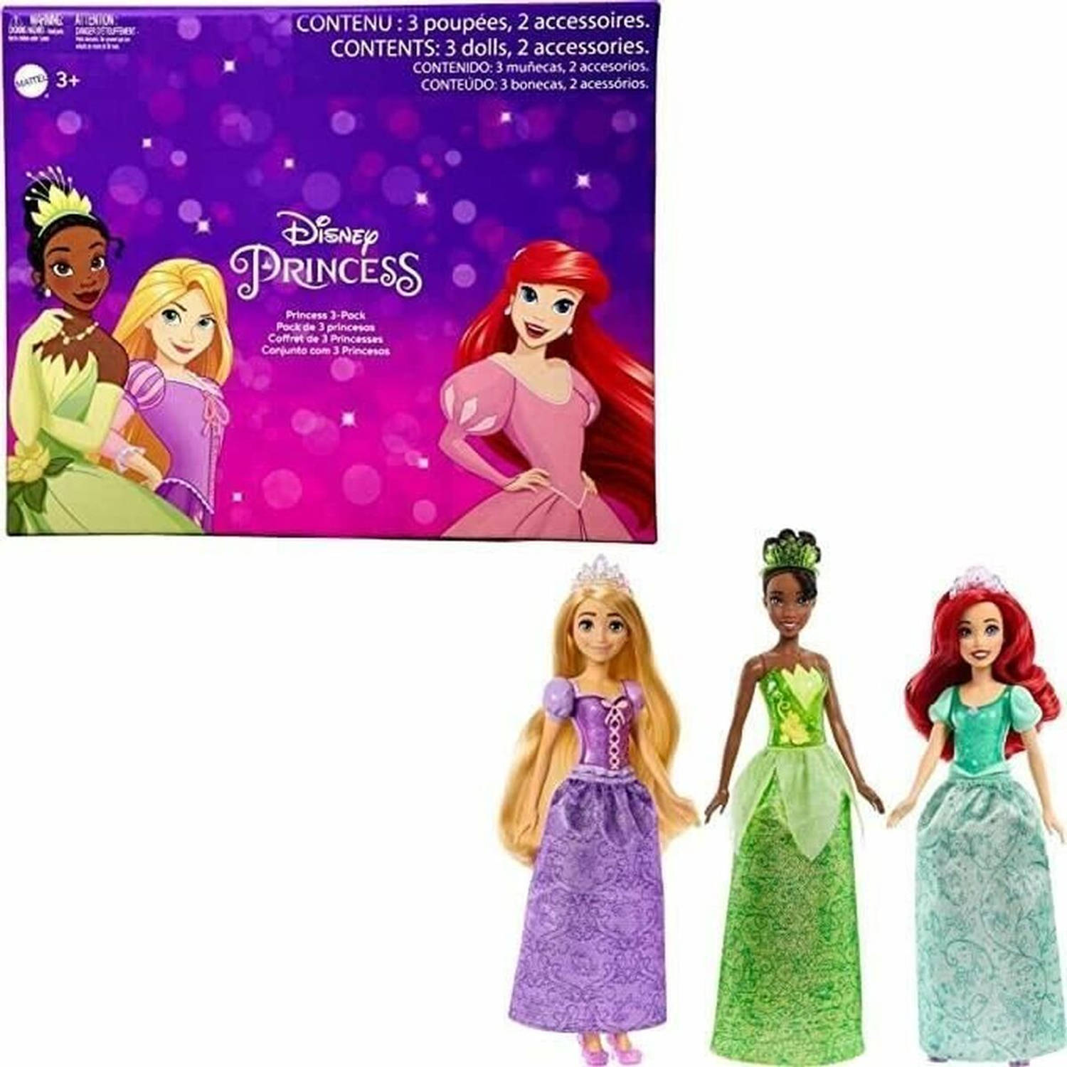 Disney Prinsessen - pakket van 3 poppen (Ariël, Tiana, Raponsje)