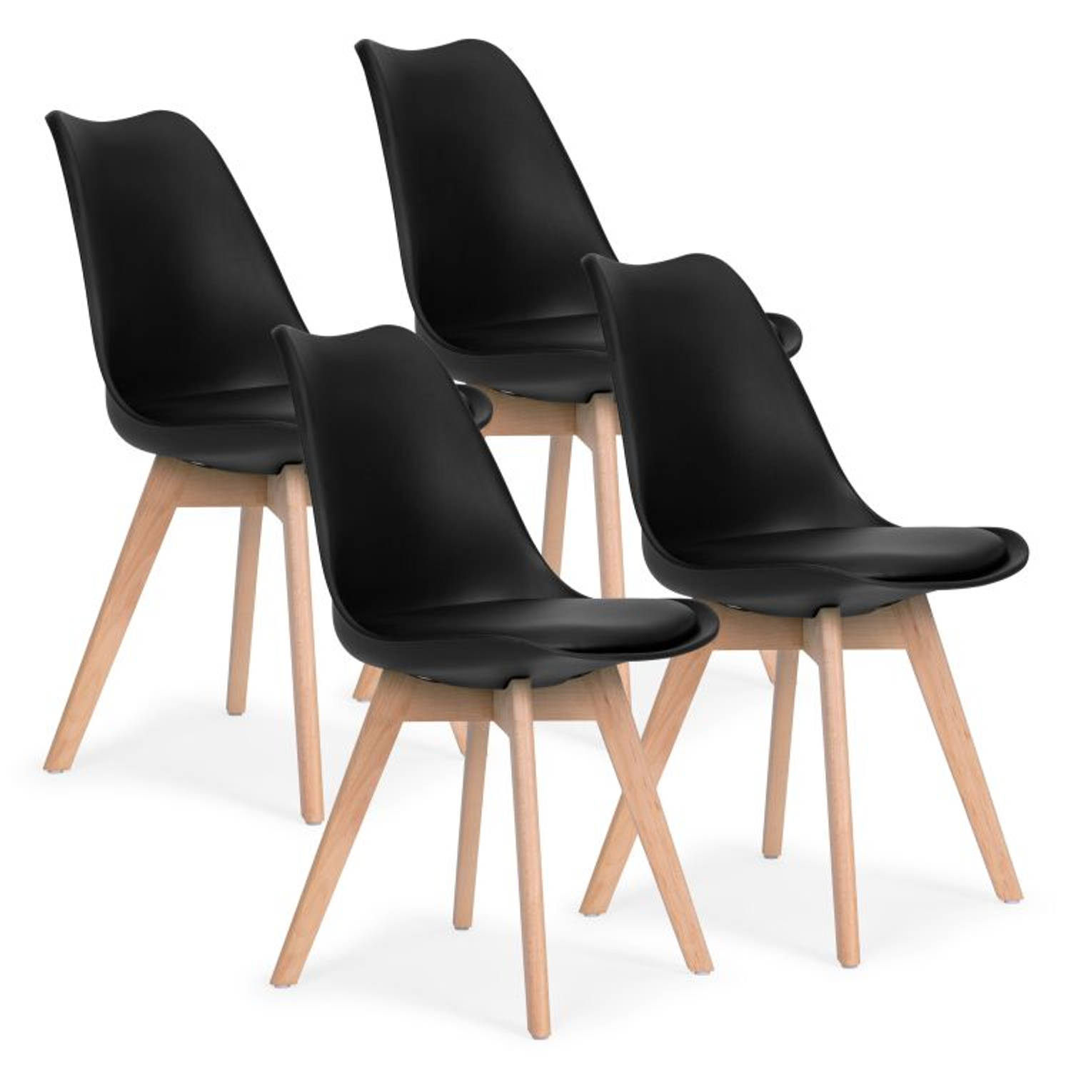 Modern Home Set Van 4 Eetkamerstoelen Kuip Stoelen Met Eco-Leer Kussen En Beukenhouten Poten Zwart