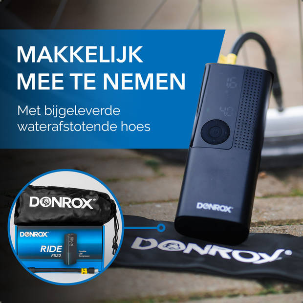Donrox Ride F522 Premium - Draagbare compressor bandenpomp fiets - Inclusief Onderdelenpakket, Oplader & Fietstas Mat
