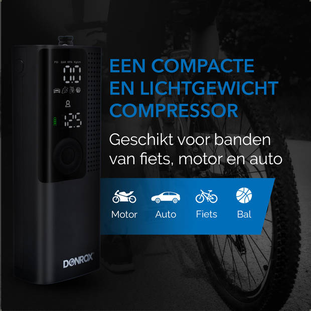 Donrox Ride F522 Premium - Draagbare compressor bandenpomp fiets - Inclusief Onderdelenpakket, Oplader & Fietstas Carbon