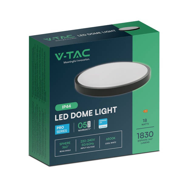 V-TAC VT-8618SQ-S-B LED Ronde plafonniere - Samsung - IP44 - 250mm - Zwart - 18 Watt - 1830 Lumen - 4000K - 5 Jaar