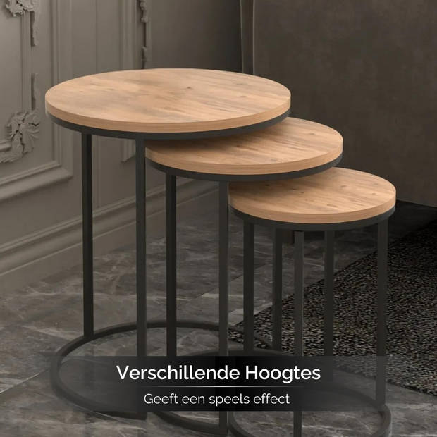 Brück Set van 3 Ronde Bijzettafels met 3 Hoogtes en 3 Diameters, Gepoedercoat Metalen Onderstel, Bruin / Hout