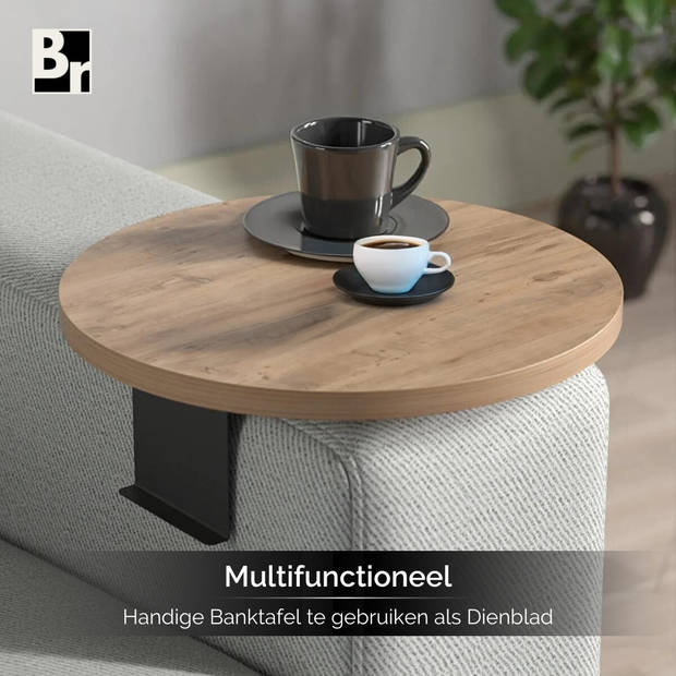 Brück Banktafel met Gefineerd Houten Blad, Breedte Gepoedercoat Onderstel Instelbaar, Armleuning Dienblad Hout