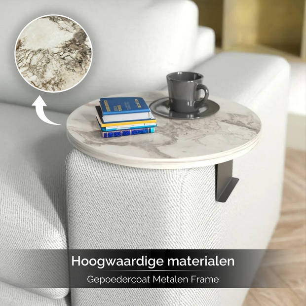 Brück Banktafel met Gefineerd Houten Blad, Breedte Gepoedercoat Onderstel Instelbaar, Armleuning Dienblad Wit