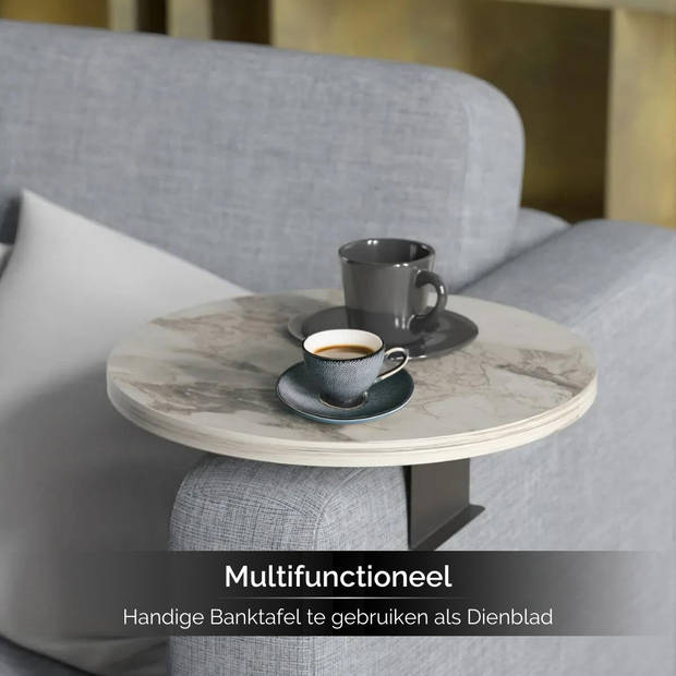 Brück Banktafel met Gefineerd Houten Blad, Breedte Gepoedercoat Onderstel Instelbaar, Armleuning Dienblad Wit