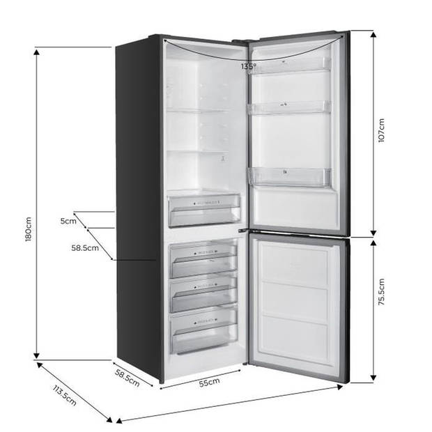 CONTINENTAL EDISON koelkast met ondervries - 293L - Total No Frost - 39 dB - L60 cmxH186cm - roestvrij staal