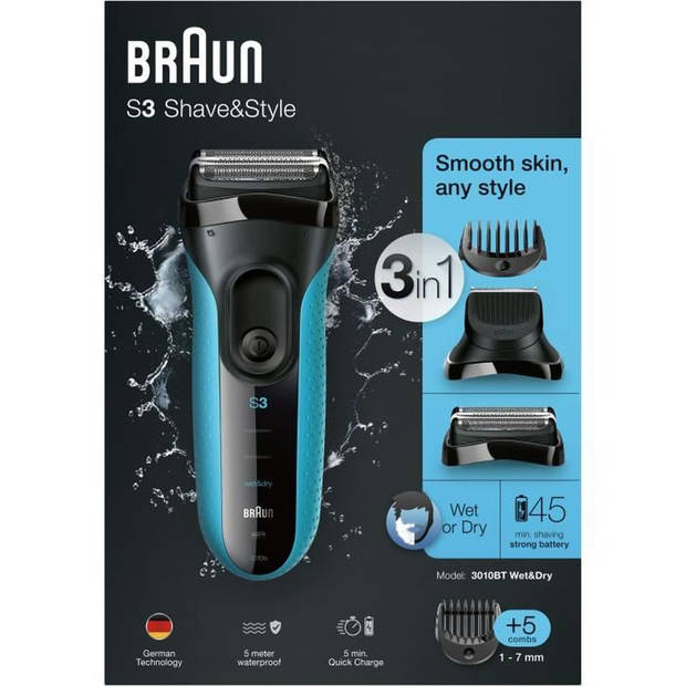 Elektrisch baardscheerapparaat voor heren - BRAUN - Series 3 Shave & Style 3010BT - Wet & Dry-technologie - Zwart/Blauw