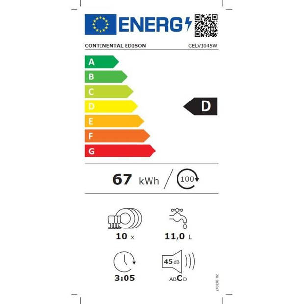 CONTINENTAL EDISON CELV1045W vrijstaande vaatwasser - 10 couverts - Breedte 44,8 cm - Klasse D - 45 dB - Wit