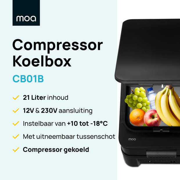 MOA Compressor Koelbox Elektrisch 12V en 230 volt - Coolbox - 21L - voor auto en camping - Vriezen tot -18°C - Frigobox