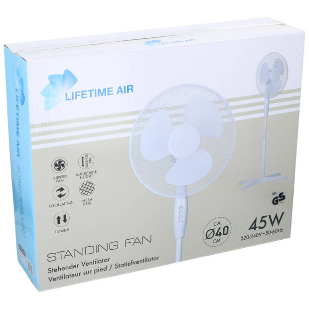 Lifetime Air Statiefventilator 45W - Ventilator in Hoogte Verstelbaar 102,5 tot 125 cm - Wit