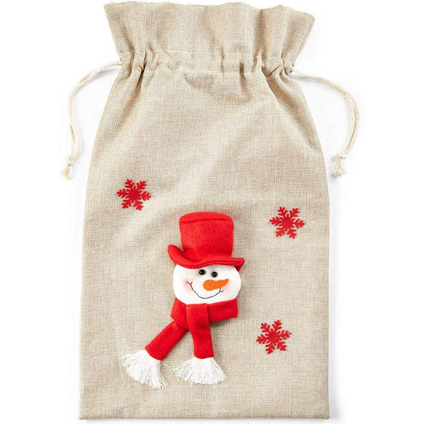 Jute Kerstzak geschenkzak met trekkoord en 3D sneeuwpop - 58 x 34 x 3 cm