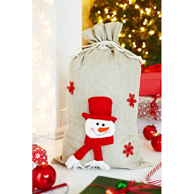 Jute Kerstzak geschenkzak met trekkoord en 3D sneeuwpop - 58 x 34 x 3 cm