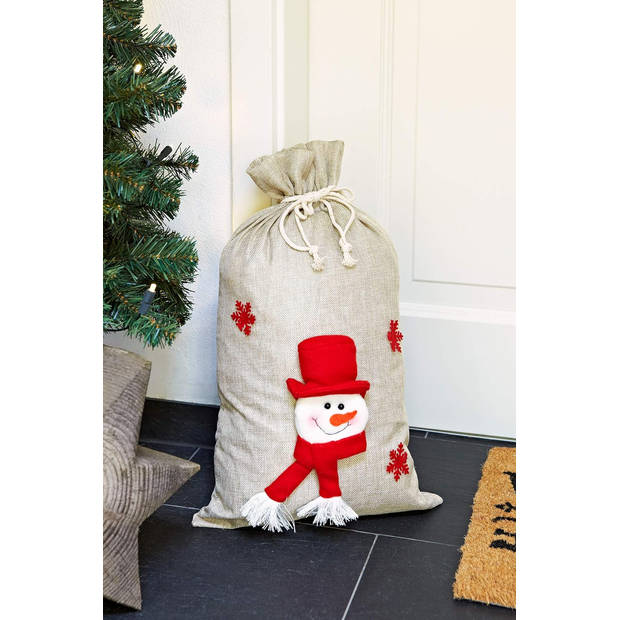 Jute Kerstzak geschenkzak met trekkoord en 3D sneeuwpop - 58 x 34 x 3 cm