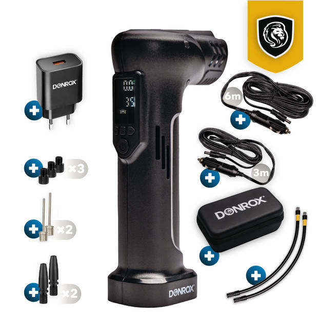 Donrox Ride A922 Premium - Draagbare compressor auto bandenpomp + Inclusief Onderdelenpakket, Oplader en 12V kabel (6m)