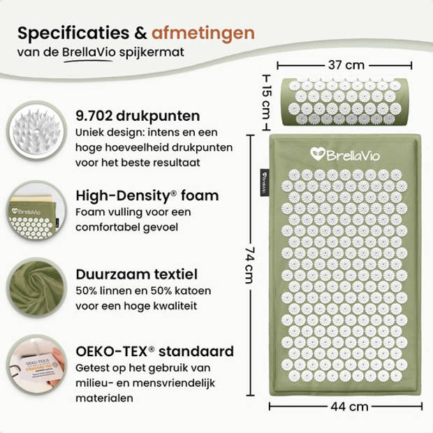 BrellaVio Spijkermat Set met Spijkerkussen - Groen - 74x44 cm - Acupressuur Mat - Spijkerbed - Shakti Mat