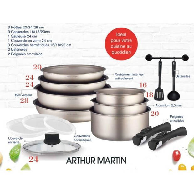 Pannenset Arthur Martin AM133CH 15 stuks - Aluminium - Verwijderbare handgreep - Alle lichten inclusief inductie