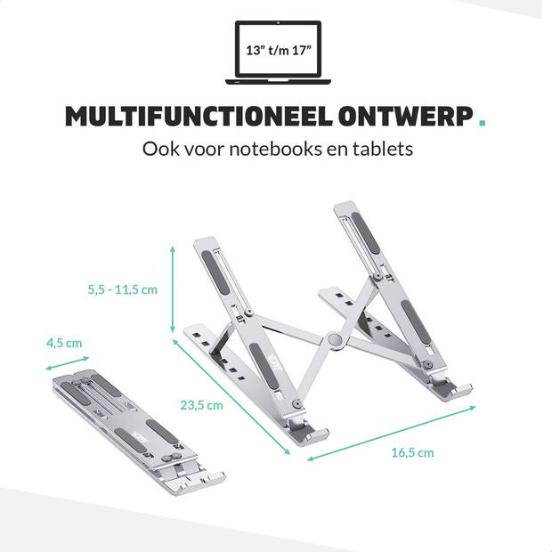 LURK® Laptop Standaard - Aluminium Laptop Verhoger - Verstelbaar en Opvouwbaar - Ergonomisch - 6 Instelhoeken - Silver