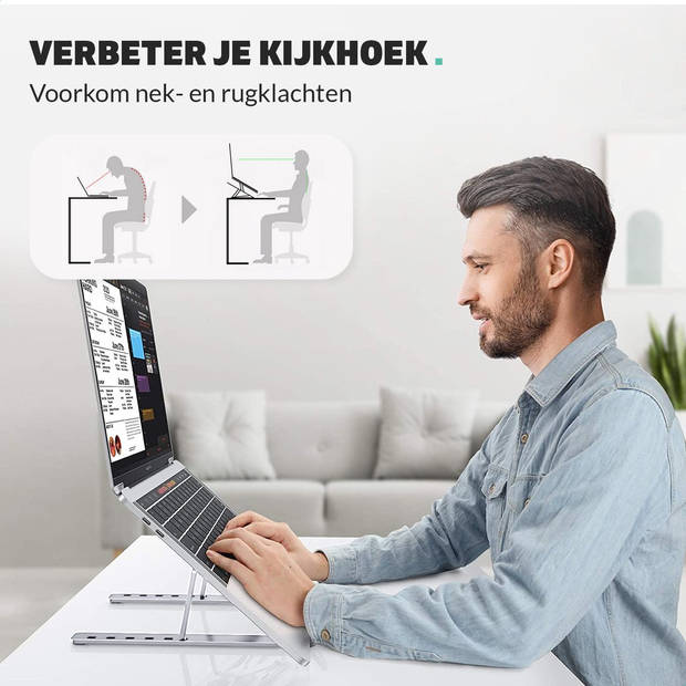 LURK® Laptop Standaard - Aluminium Laptop Verhoger - Verstelbaar en Opvouwbaar - Ergonomisch - 6 Instelhoeken - Silver