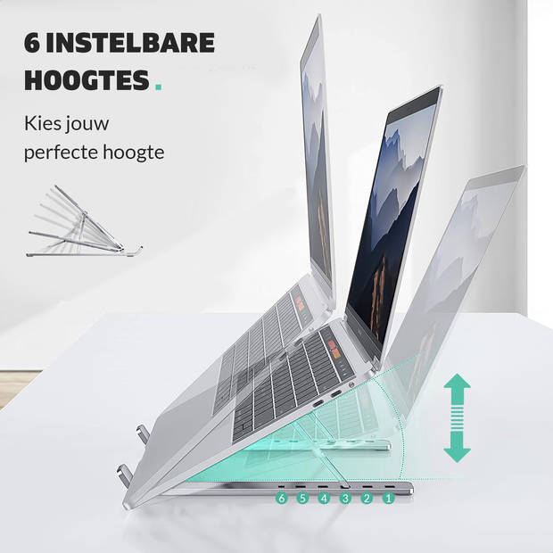 LURK® Laptop Standaard - Aluminium Laptop Verhoger - Verstelbaar en Opvouwbaar - Ergonomisch - 6 Instelhoeken - Silver